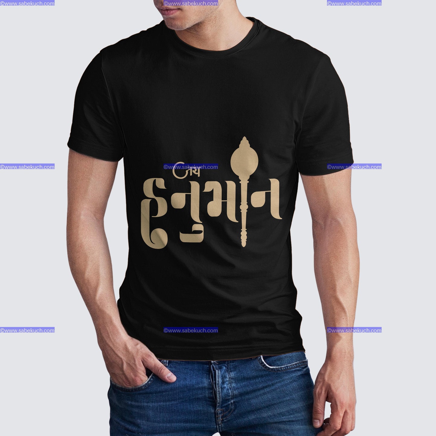 Round neck Jai Hanuman Kaumodki Gada in black tshirt