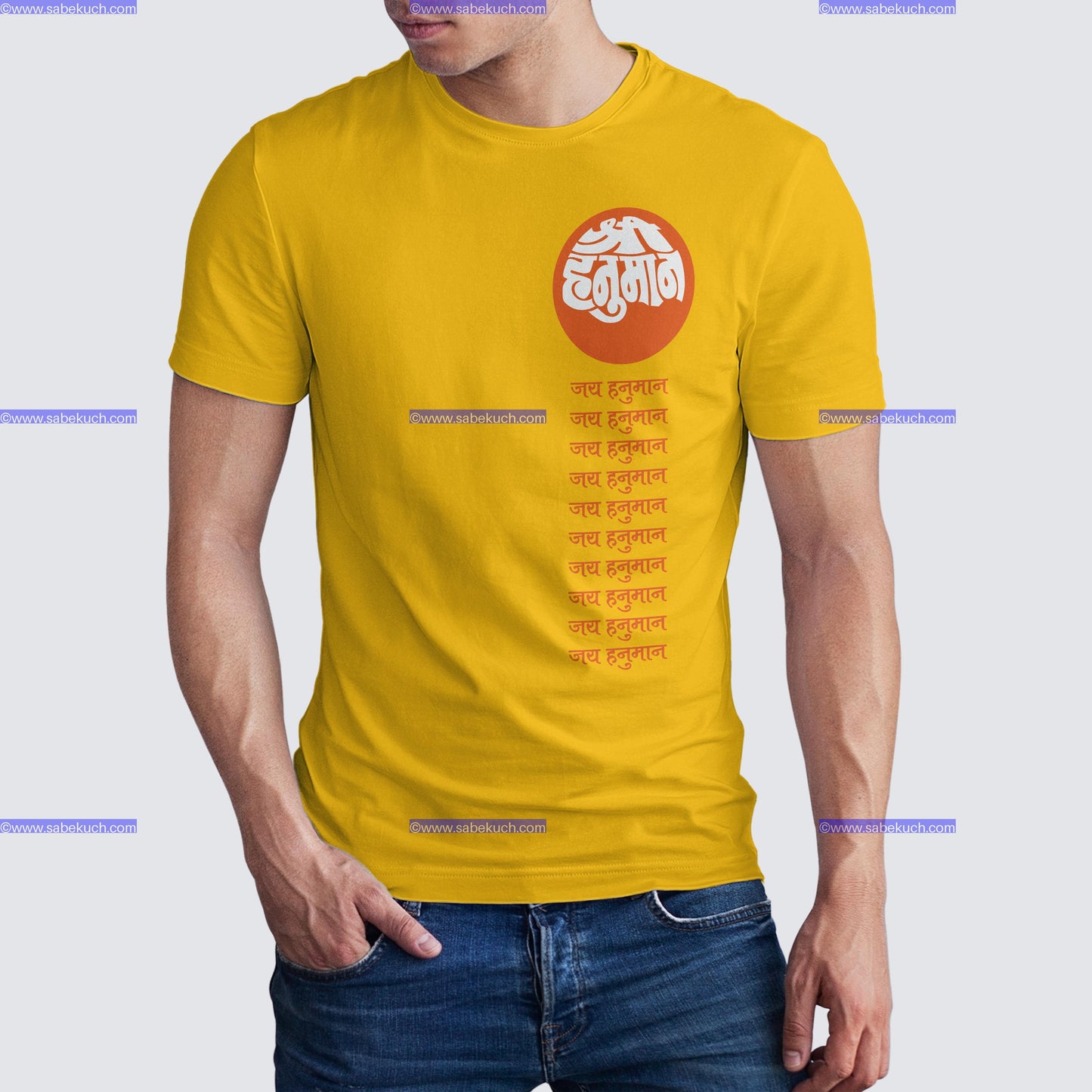 Round neck 11 times jai hanuman  in yellow tshirt