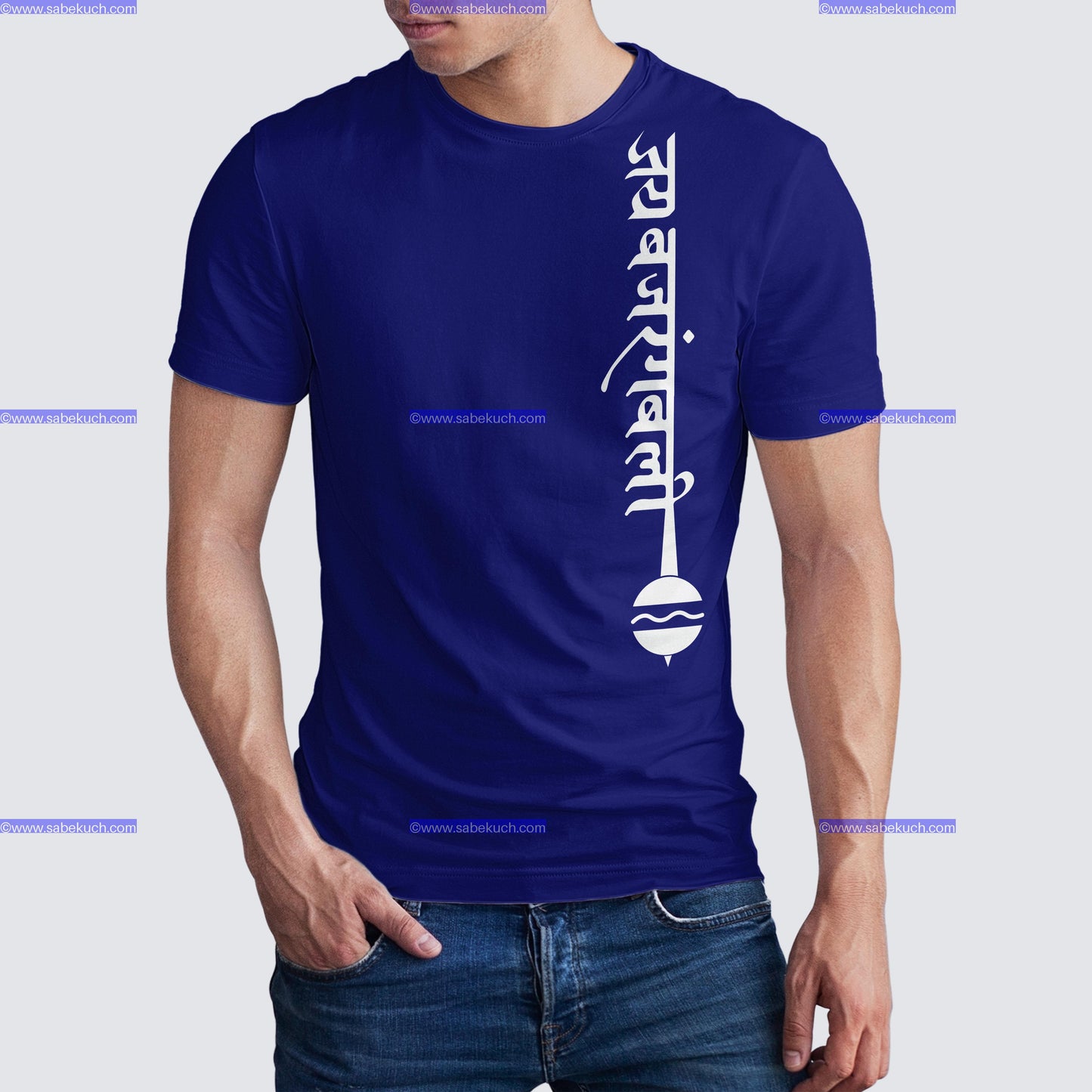 Round neck Jai Banjrangbali Kaumodki Gada in  blue tshirt