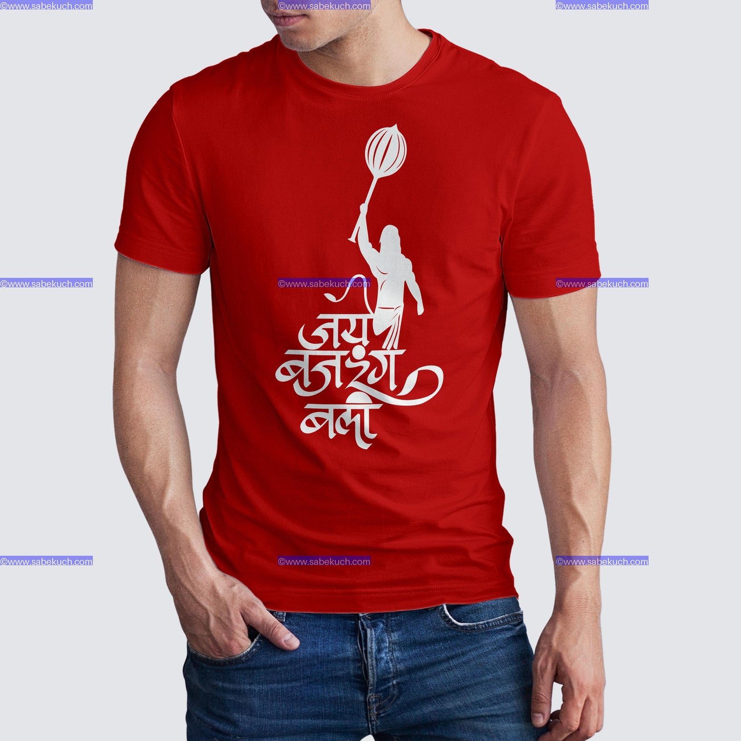 Round Neck Anjani Putra Sanket Mochan in red tshirt