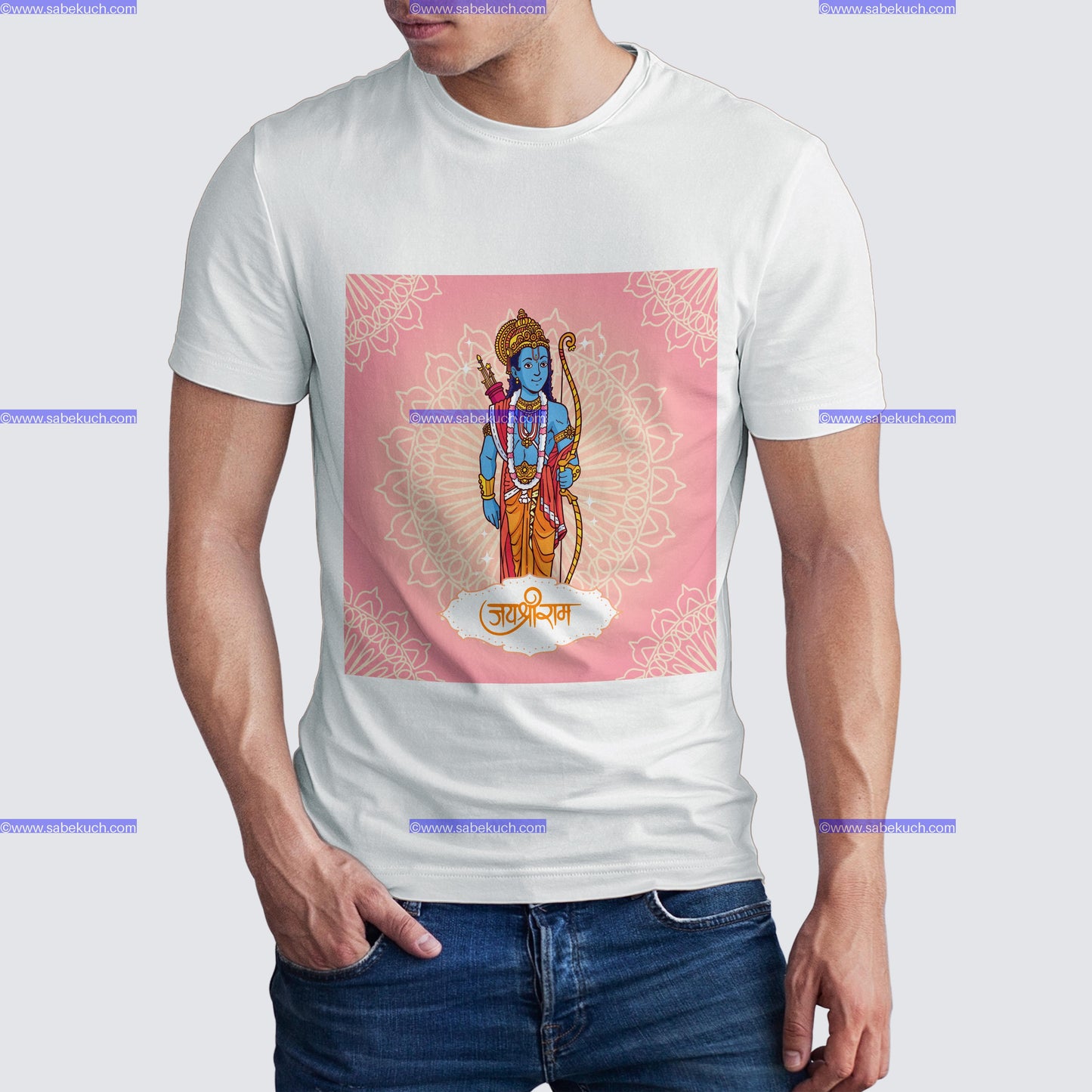 Round Neck pink center Shri Ram with bow and arrow  tshirt